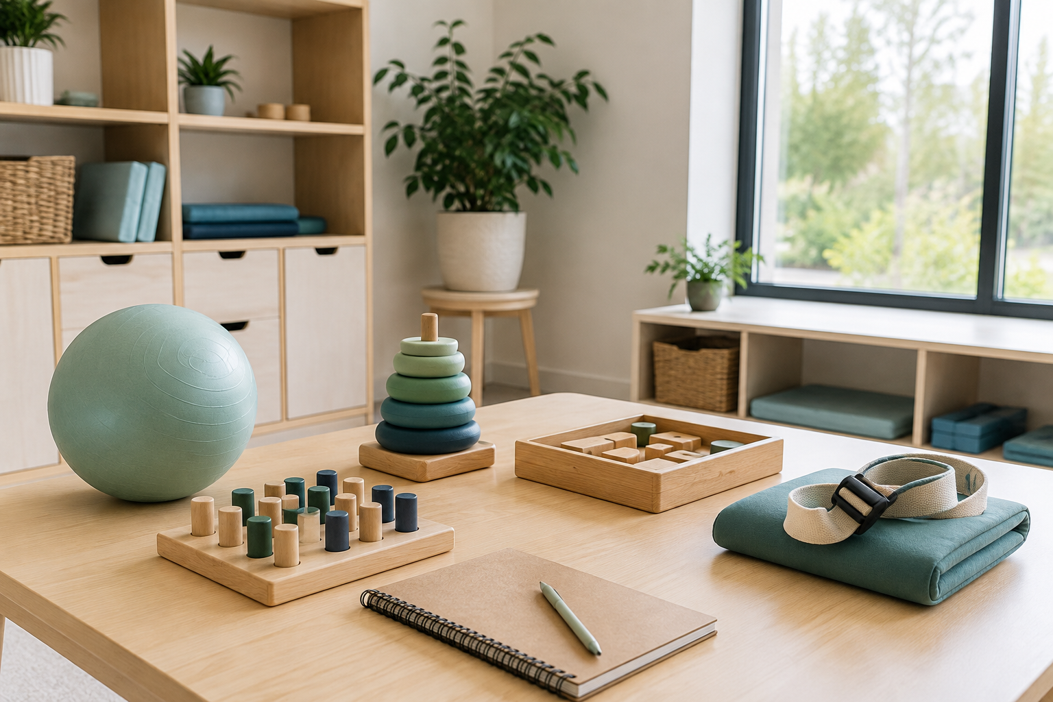 Heller Ergotherapieraum mit Holzmaterialien und Alltagshilfen